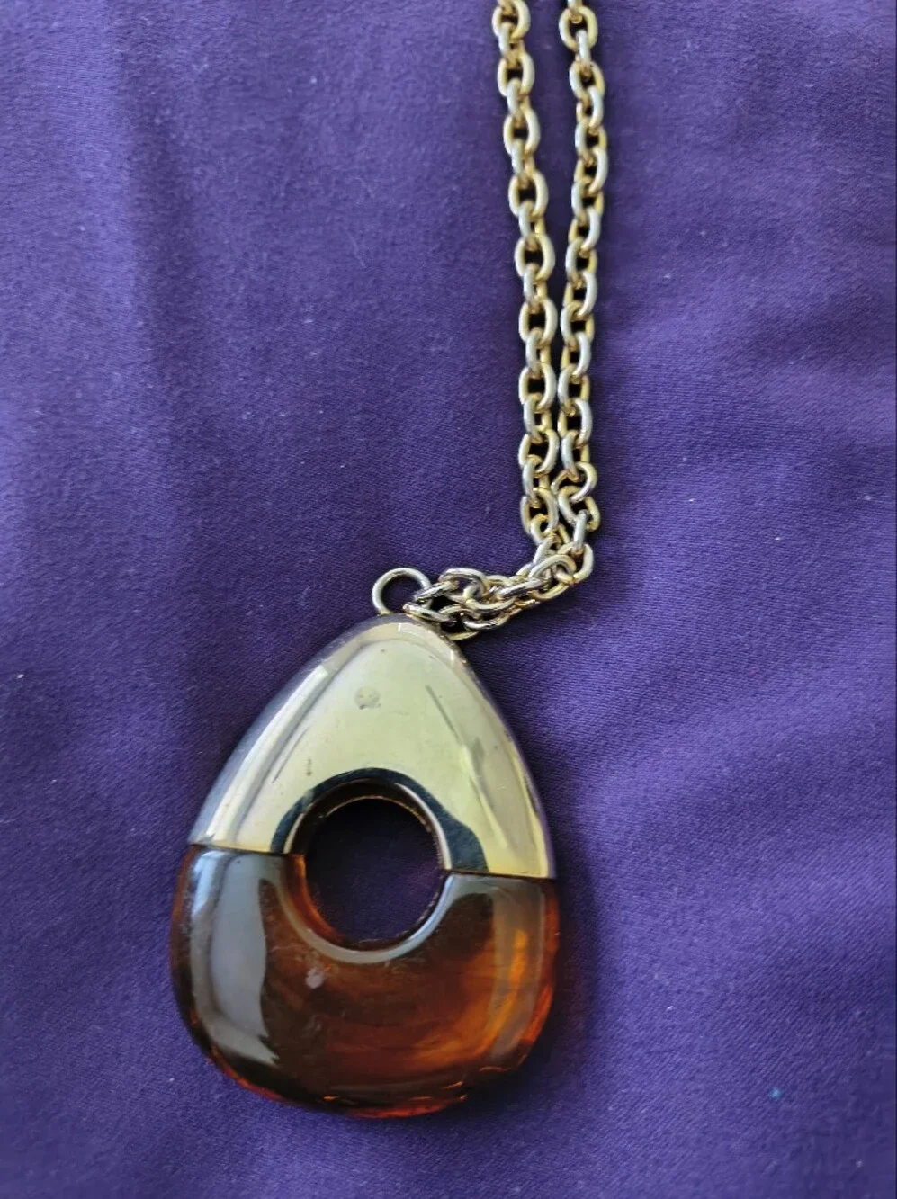 Vintage 1970s Lucite Amber Colored Gold Tone Tear Drop Necklace. Estate Find